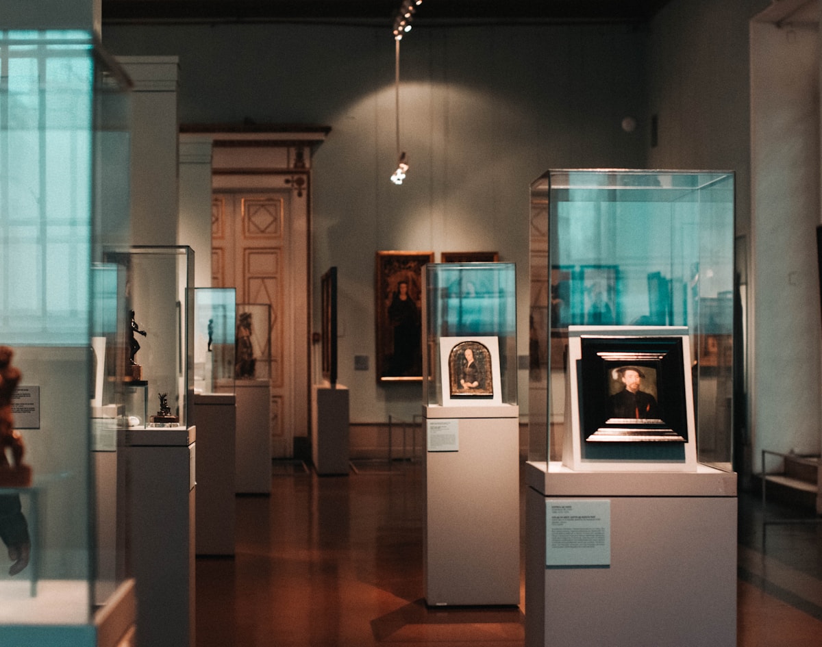 Sculptures displayed in a bright gallery